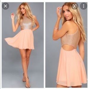 Lulu’s life illuminated matte rose gold sequin cutout skater dress. NWT